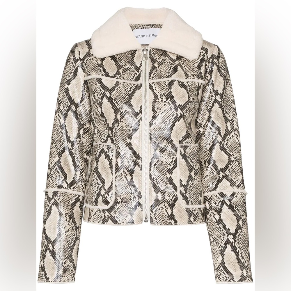 Stand Studio Maj Teddy Faux Fur & Snake Print Bonded Jacket